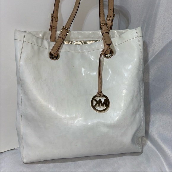 Michael Kors Handbags - Michael Kors Logo White Patent Leather Large Tote